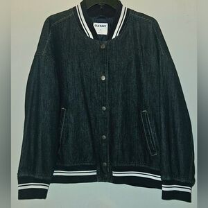 Old Navy Jean Bomber Jacket With Striped Accents